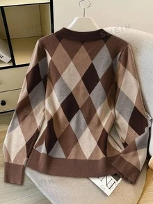 GlowEve CURVE Plus Size Women's Diamond Pattern Polo Collar Long Sleeve Casual Pullover Sweater Winter - Coffee Brown - View 6