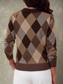 GlowEve CURVE Plus Size Women's Diamond Pattern Polo Collar Long Sleeve Casual Pullover Sweater Winter - Coffee Brown - View 2