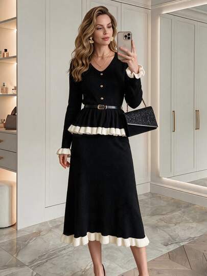 Medorina Elegantes Vintage, Rüschen-Plissee-Besatz, Damen Winter Set, weicher Strickstoff, Schwarz Creme Weiß, Langarm Passform, Hochzeitsgast, Neujahr, Herbst Winter