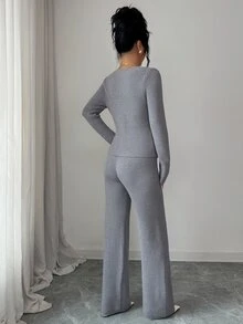 SHEIN Elenzya 1pc Ribbed Knit Button Front Cardigan & 1pc Knit Pants - Grey - View 2