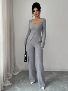 SHEIN Elenzya 1pc Ribbed Knit Button Front Cardigan & 1pc Knit Pants - Grey - View 7