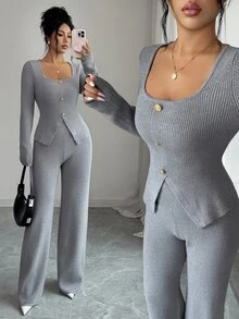 SHEIN Elenzya 1pc Ribbed Knit Button Front Cardigan & 1pc Knit Pants - Grey - View 5