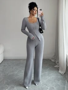 SHEIN Elenzya 1pc Ribbed Knit Button Front Cardigan & 1pc Knit Pants - Grey - View 6