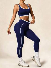 SHEIN Rhythm Era 大码女式撞色滚边圆领无缝弹力运动文胸和重叠腰部紧身裤套装 - 藏蓝色 - 查看 4