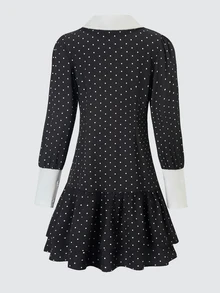 SHEIN Teen Girls Black Polka Dot White Collar Multi-Layer Ruffle Dress, Dark Vintage Sweet Cool Style. Suitable For Comfortable Dance, Birthday, Formal Occasions, School And Autumn Outfits, Halloween, Christmas, New Year's Eve Personalized Long Dress. - Black - View 2