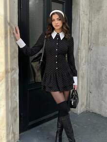 SHEIN Teen Girls Black Polka Dot White Collar Multi-Layer Ruffle Dress, Dark Vintage Sweet Cool Style. Suitable For Comfortable Dance, Birthday, Formal Occasions, School And Autumn Outfits, Halloween, Christmas, New Year's Eve Personalized Long Dress. - Black - View 1
