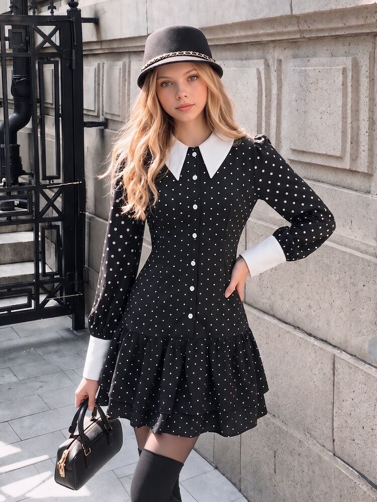 SHEIN Teen Girls Black Polka Dot White Collar Multi-Layer Ruffle Dress, Dark Vintage Sweet Cool Style. Suitable For Comfortable Dance, Birthday, Formal Occasions, School And Autumn Outfits, Halloween, Christmas, New Year's Eve Personalized Long Dress. - Black - View 3