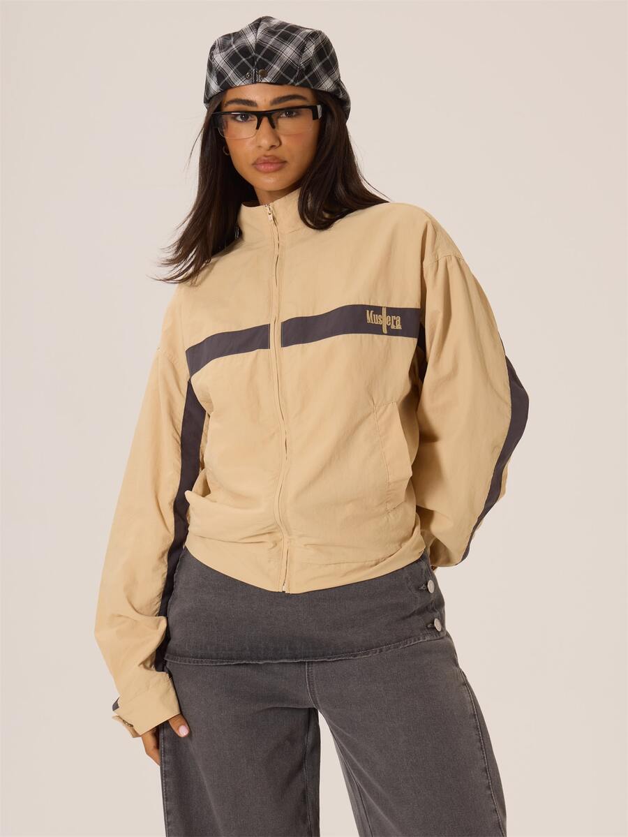 MUSERA Jaket Leher Tinggi Bergaris dengan Logo Depan Ukuran Besar dan Resleting, Cocok untuk Musim Dingin dan Gugur, Gaya Kota, Keren, Imut, Cocok untuk Kembali ke Sekolah, Park Avenue. - Khaki - View 1