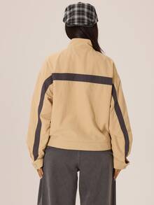 MUSERA Jaket Leher Tinggi Bergaris dengan Logo Depan Ukuran Besar dan Resleting, Cocok untuk Musim Dingin dan Gugur, Gaya Kota, Keren, Imut, Cocok untuk Kembali ke Sekolah, Park Avenue. - Khaki - View 4