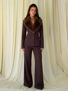 Aloruh Women's Autumn/Winter New Suit Set, Fur Collar Blazer, Brown Suit Set, Commute Elegant Office Wear - Mocha Brown - View 5