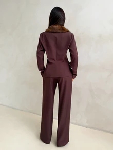 Aloruh Women's Autumn/Winter New Suit Set, Fur Collar Blazer, Brown Suit Set, Commute Elegant Office Wear - Mocha Brown - View 2