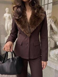 Aloruh Women's Autumn/Winter New Suit Set, Fur Collar Blazer, Brown Suit Set, Commute Elegant Office Wear - Mocha Brown - View 10
