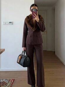 Aloruh Women's Autumn/Winter New Suit Set, Fur Collar Blazer, Brown Suit Set, Commute Elegant Office Wear - Mocha Brown - View 8