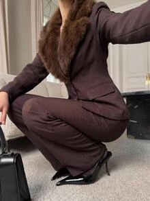 Aloruh Women's Autumn/Winter New Suit Set, Fur Collar Blazer, Brown Suit Set, Commute Elegant Office Wear - Mocha Brown - View 6