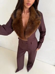Aloruh Women's Autumn/Winter New Suit Set, Fur Collar Blazer, Brown Suit Set, Commute Elegant Office Wear - Mocha Brown - View 3