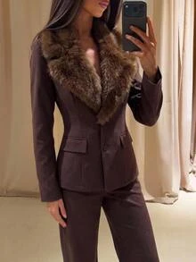 Aloruh Women's Autumn/Winter New Suit Set, Fur Collar Blazer, Brown Suit Set, Commute Elegant Office Wear - Mocha Brown - View 7