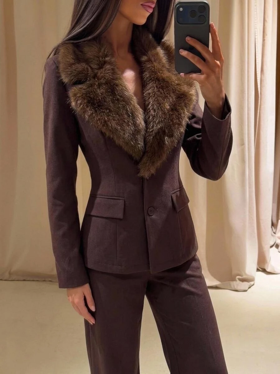 Aloruh Setelan Jas Wanita Musim Gugur/Dingin Terbaru, Blazer Kerah Bulu, Setelan Jas Cokelat, Pakaian Kantor Elegan untuk Wanita di Musim Gugur - Mocha Brown - View 1