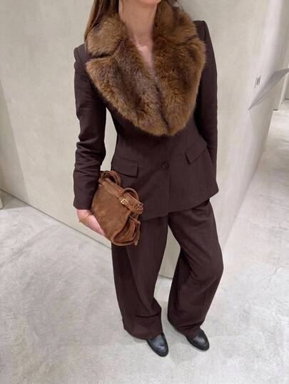 Aloruh Women's Autumn/Winter New Suit Set, Fur Collar Blazer, Brown Suit Set, Commute Elegant Office Wear