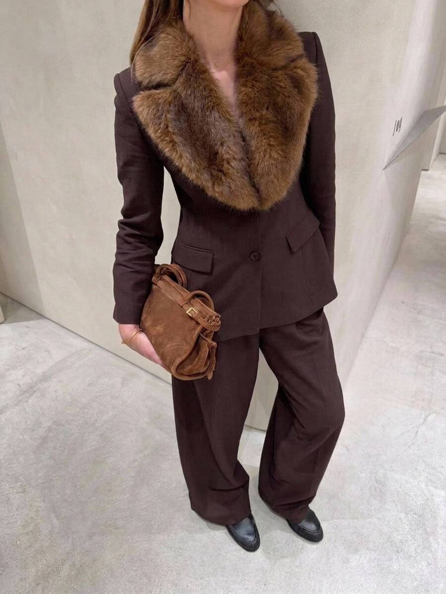 Aloruh Women's Autumn/Winter New Suit Set, Fur Collar Blazer, Brown Suit Set, Commute Elegant Office Wear - Mocha Brown - View 1