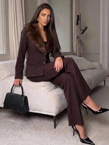 Aloruh Women's Autumn/Winter New Suit Set, Fur Collar Blazer, Brown Suit Set, Commute Elegant Office Wear - Mocha Brown - View 9