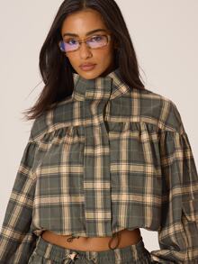 MUSERA Jaket Kotak-kotak Kerah Tinggi dengan Resleting dan Detail Ruffle, Diikat Pinggang Elastis, Cocok untuk Musim Gugur dan Musim Dingin, Gaya Kota, Keren, Imut, Kembali ke Sekolah, Park Avenue - MultiWarna - View 5