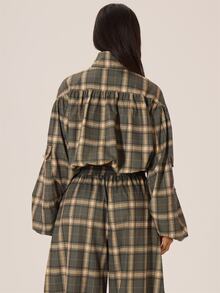 MUSERA Jaket Kotak-kotak Kerah Tinggi dengan Resleting dan Detail Ruffle, Diikat Pinggang Elastis, Cocok untuk Musim Gugur dan Musim Dingin, Gaya Kota, Keren, Imut, Kembali ke Sekolah, Park Avenue - MultiWarna - View 4