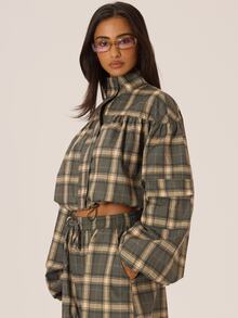 MUSERA Jaket Kotak-kotak Kerah Tinggi dengan Resleting dan Detail Ruffle, Diikat Pinggang Elastis, Cocok untuk Musim Gugur dan Musim Dingin, Gaya Kota, Keren, Imut, Kembali ke Sekolah, Park Avenue - MultiWarna - View 3