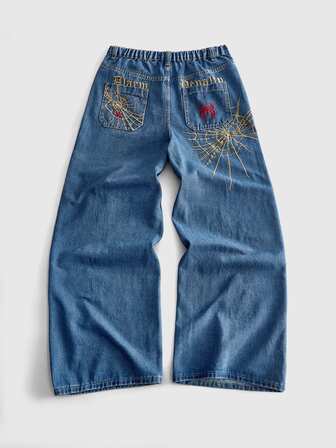 Street Life Jeans in denim blu medio vintage con vestibilità ampia per ragazzi adolescenti, con ricamo di ragnatela dorata e ragno rosso sulle tasche posteriori, jeans a gamba larga stile gotico hip-hop punk streetwear, adatti per uso quotidiano, all'aperto, skateboard, stile di strada