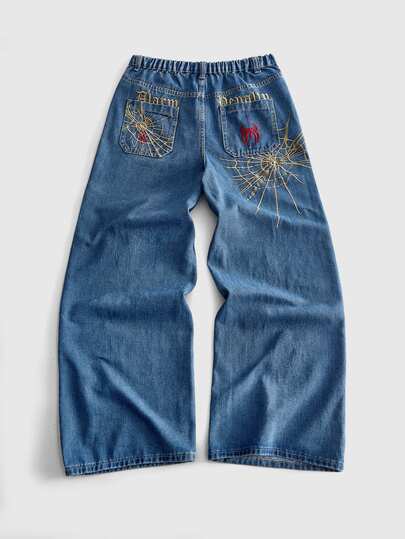 ROMWE MEN Street Life Teen Boys Vintage Mid-Blue Loose Fit Denim Jeans With Gold Spider Web And Red Spider Embroidery On Back Pockets, Gothic Hip-Hop Punk Streetwear Wide Leg Jeans, Suitable For Daily, Outdoor, Skateboarding, Street Style