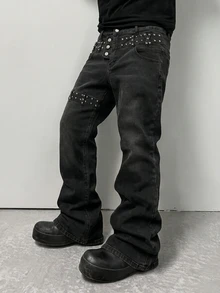 ROMWE MEN Street Life Washed Denim Vintage Stamp Fashion Versatile Casual Comfortable Boy's Jeans - Black - View 1