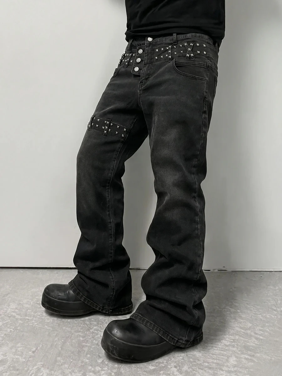 ROMWE MEN Street Life Washed Denim Vintage Stamp Fashion Versatile Casual Comfortable Boy's Jeans - Black - View 1