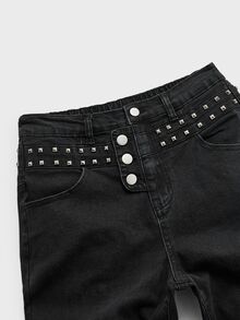 ROMWE MEN Street Life Washed Denim Vintage Stamp Fashion Versatile Casual Comfortable Boy's Jeans - Black - View 4