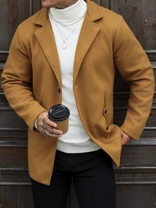 Manfinity Homme 男士純色棕色休閒長袖大衣，口袋設計，適合日常通勤穿著，也是送給男朋友和丈夫的理想禮物 - 棕色 - 查看 4