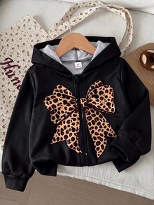 Elladie kids 女童休閒豹紋蝴蝶結連帽衛衣，秋冬休閒外套 - 黑色 - 查看 1