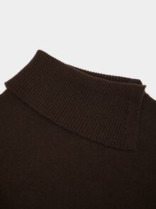 Sweetra CURVE Plus Size Women's High Neck Asymmetrical Shoulder Gold Button Long Sleeve Fitted French Elegant Pullover Sweater, Autumn/Winter Fall - Khaki - View 6