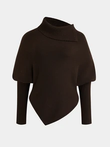 Sweetra CURVE Plus Size Women's High Neck Asymmetrical Shoulder Gold Button Long Sleeve Fitted French Elegant Pullover Sweater, Autumn/Winter Fall - Khaki - View 3