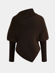 Sweetra CURVE Plus Size Women's High Neck Asymmetrical Shoulder Gold Button Long Sleeve Fitted French Elegant Pullover Sweater, Autumn/Winter Fall - Khaki - View 2