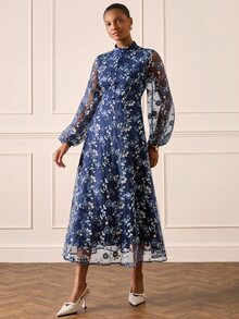 Lilora 女款優雅刺繡網紗洋裝，高端時尚，通勤晚餐雞尾酒會、日常休閒、外出、婚禮，秋季海軍藍花卉 - 藏蓝色 - 查看 6