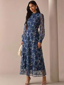 Lilora 女款優雅刺繡網紗洋裝，高端時尚，通勤晚餐雞尾酒會、日常休閒、外出、婚禮，秋季海軍藍花卉 - 藏蓝色 - 查看 1