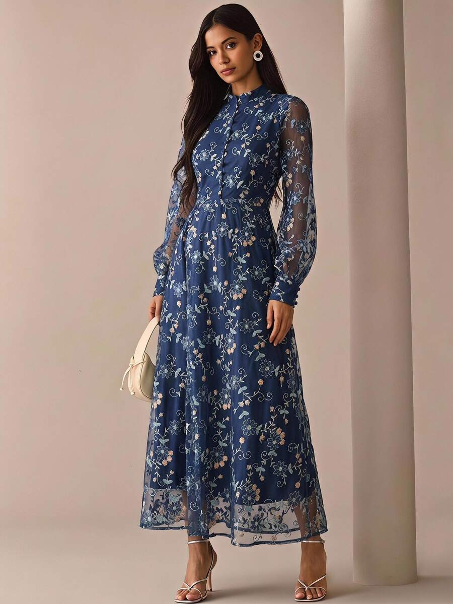 Lilora 女款優雅刺繡網紗洋裝，高端時尚，通勤晚餐雞尾酒會、日常休閒、外出、婚禮，秋季海軍藍花卉 - 藏蓝色 - 查看 1