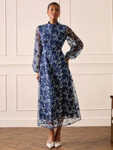 Lilora 女款優雅刺繡網紗洋裝，高端時尚，通勤晚餐雞尾酒會、日常休閒、外出、婚禮，秋季海軍藍花卉 - 藏蓝色 - 查看 5