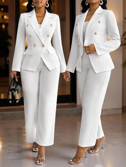 SHEIN Lady Setelan Jas Wanita Ukuran Besar Warna Polos Lengan Panjang dengan Kerah Berlekuk, Jaket dan Celana, Kasual Elegan, Formal, untuk Makan Malam, Pernikahan, Makan Malam, Kantor, Putih, Musim Gugur