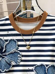Resyla Women's Summer Outing Top, Waist-Cinching T-Shirt, Blue Striped Floral Print Pattern, Graphic Design, Casual Versatile - Multicolor - View 4