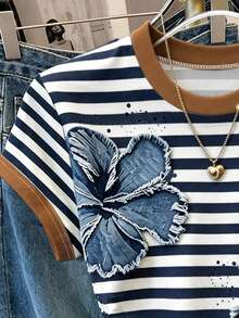 Resyla Women's Summer Outing Top, Waist-Cinching T-Shirt, Blue Striped Floral Print Pattern, Graphic Design, Casual Versatile - Multicolor - View 3