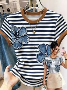 Resyla Women's Summer Outing Top, Waist-Cinching T-Shirt, Blue Striped Floral Print Pattern, Graphic Design, Casual Versatile - Multicolor - View 1