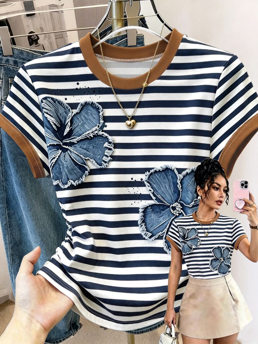 Resyla Women's Summer Outing Top, Waist-Cinching T-Shirt, Blue Striped Floral Print Pattern, Graphic Design, Casual Versatile - Multicolor - View 1