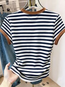 Resyla Women's Summer Outing Top, Waist-Cinching T-Shirt, Blue Striped Floral Print Pattern, Graphic Design, Casual Versatile - Multicolor - View 2
