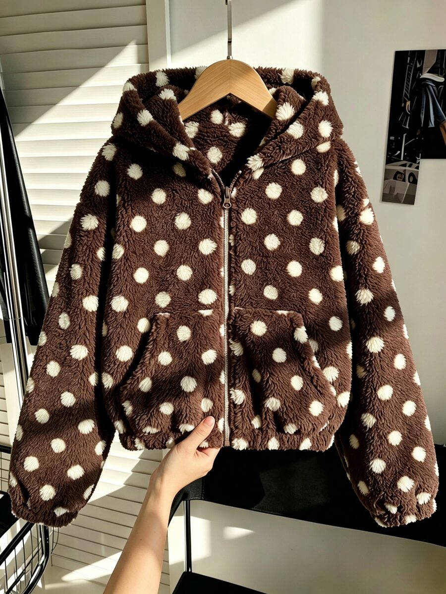 SHEIN Sparklyn 女童復古黑白波點連帽夾克,經典白色底色配黑色波點滿版印花,寬鬆舒適,連帽拉鍊開襟,休閒青春百搭,適合春秋日常上學通勤、週末出遊度假,校園休閒學院風,極簡復古氛圍 - 棕色 - 查看 1