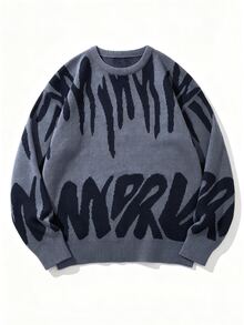 NEOSTRIT Men's Letter Pattern Casual Daily Wear Long Sleeve Sweater - Dark Grey - View 2