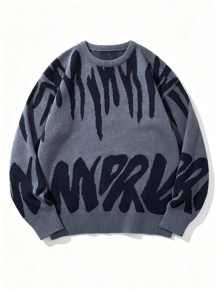 Chillumni Men's Letter Pattern Casual Daily Wear Long Sleeve Sweater - Dark Grey - View 2